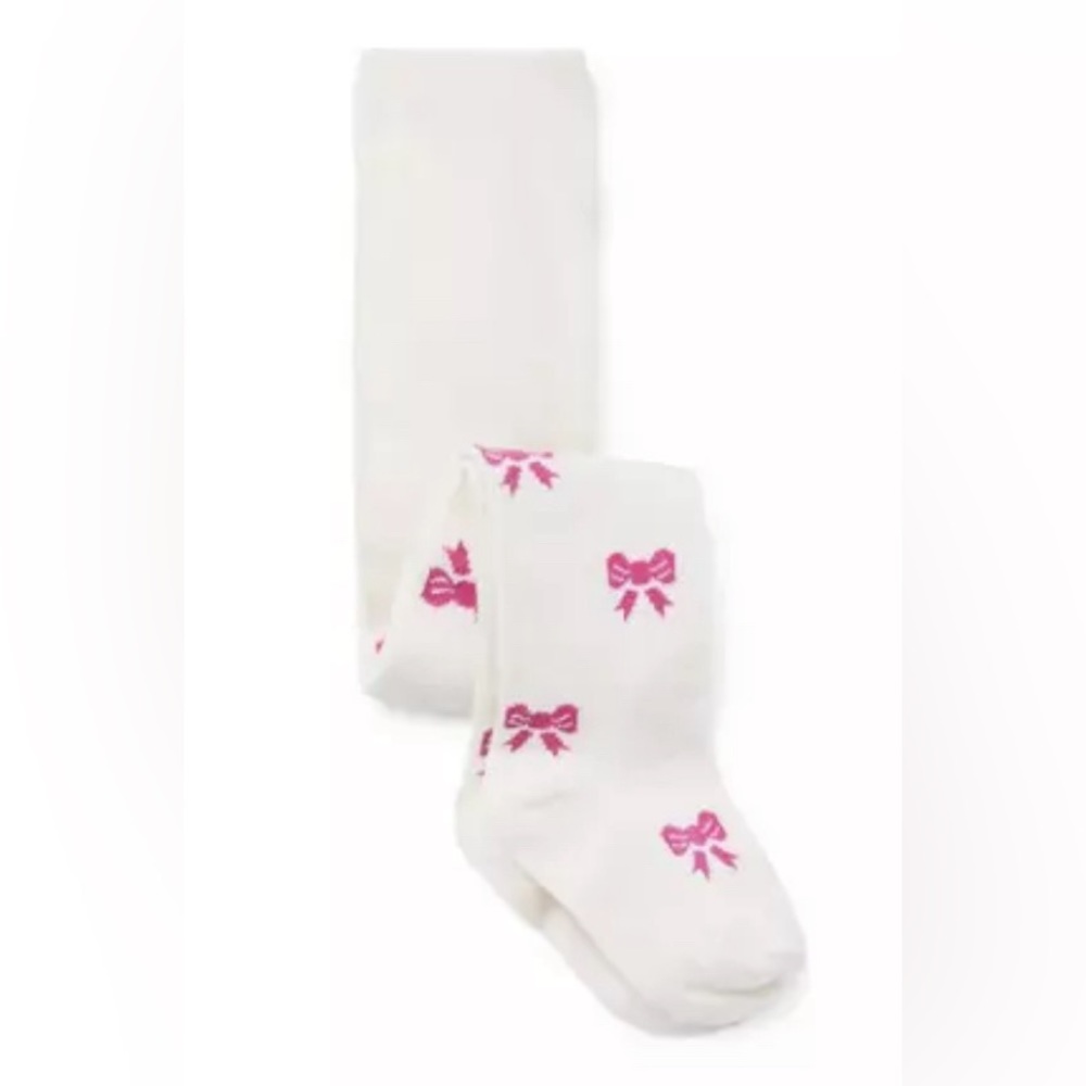 Janie and Jack antique white tights with pink bows.